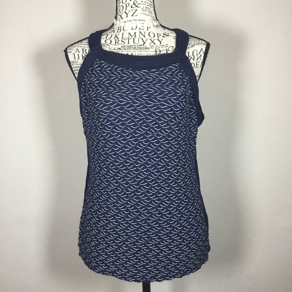 Blue white coastal grandma tank Greek goddess neckline stretchy versatile XL